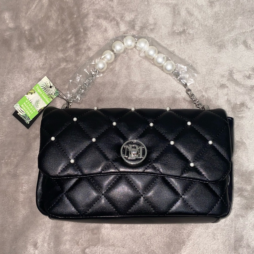 Badgley Mischka Black Quilted Shoulder Bag with Pearl Accents